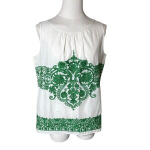 Embroidered‎ Cotton Damask Sleeveless Top Green White M.S.S.P Max Studio